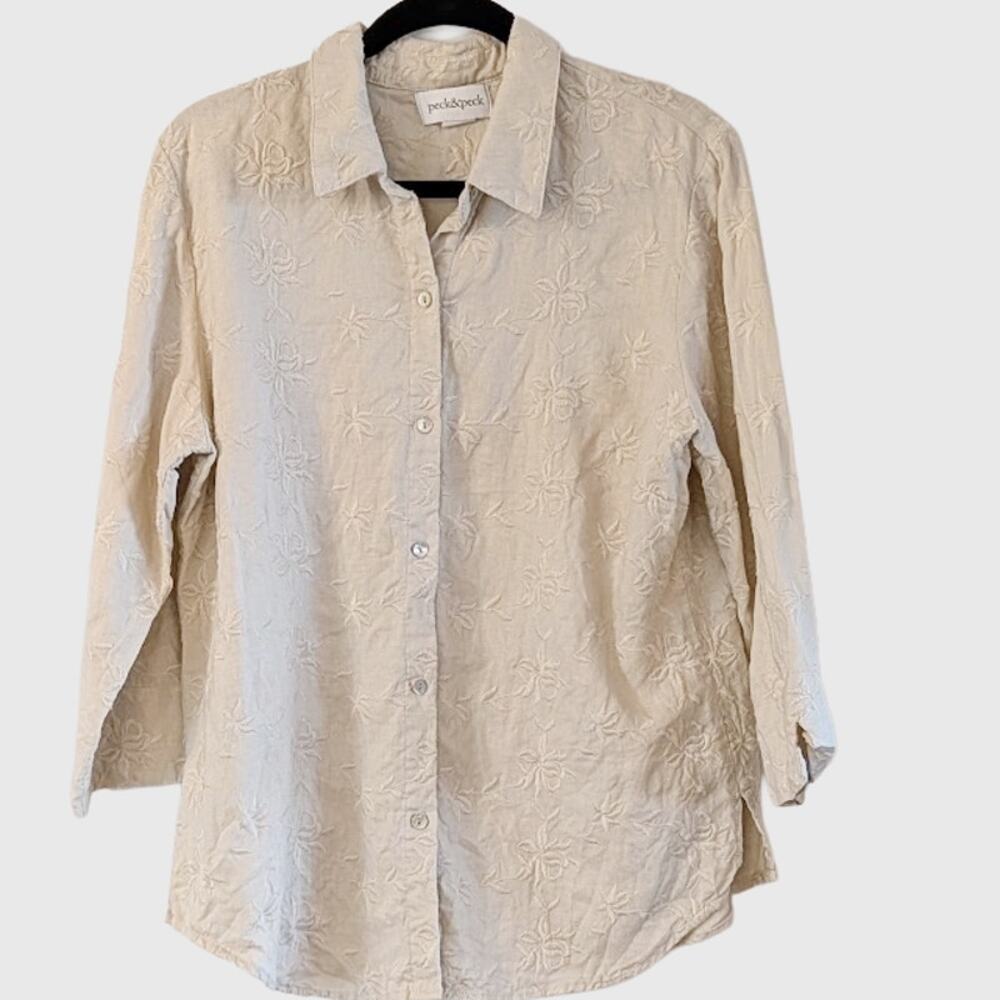 Peck & Peck 100% Linen Embroidered Button Down Shirt Size L Beige Floral Neutral